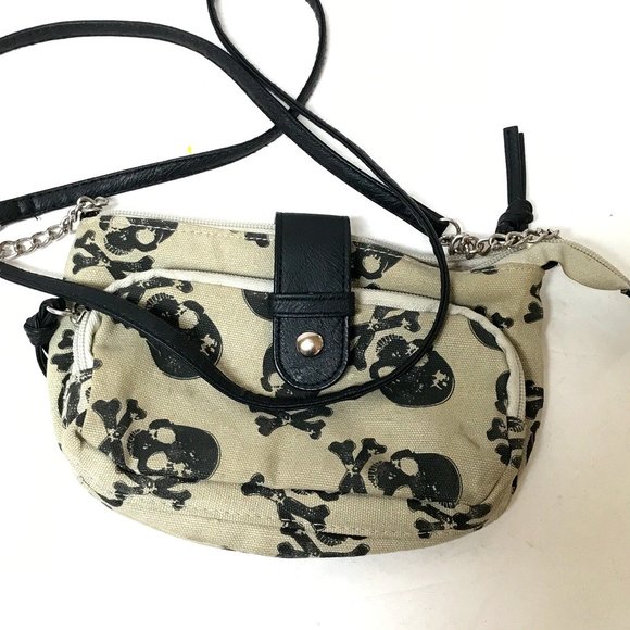 Handbags - Skull Canvas Silver Chain Bag Crossbody Black